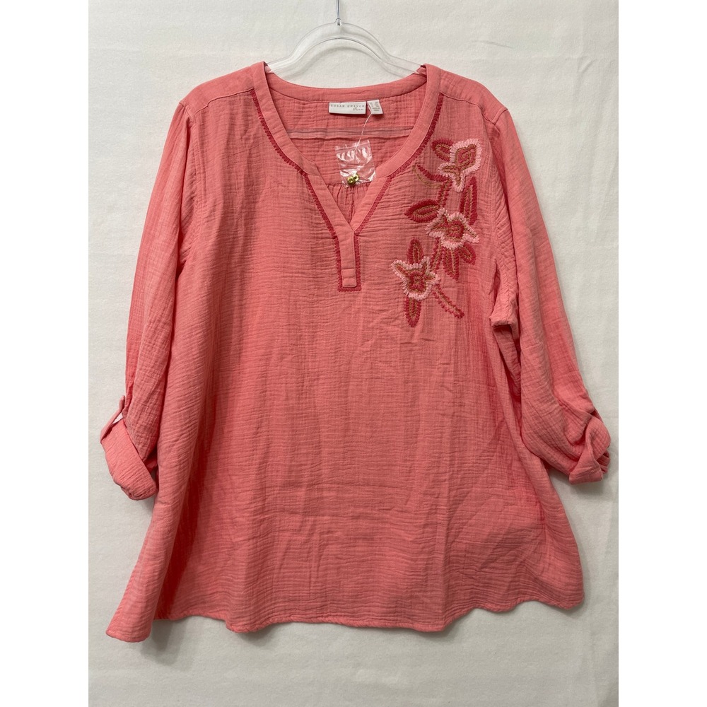 Susan Graver Pure Tunic 2X Pink Floral Embroidered Cotton Gauze Vacation Resort